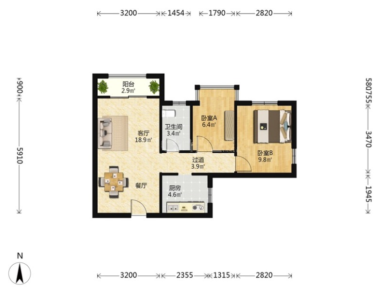 2室2廳 盛高大城四期戶型圖