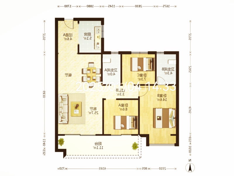 3室2廳1陽臺(tái) 潤(rùn)城三辰府戶型圖