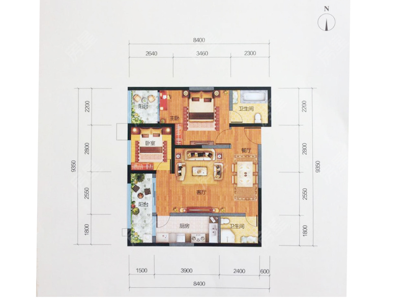 2室2廳1陽臺 未名城A3戶型圖