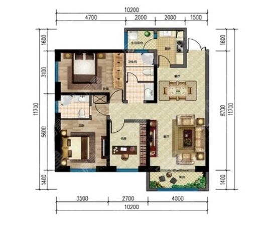 3室2廳1陽臺 國?，F(xiàn)代城海棠苑戶型圖