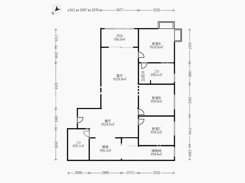 3室2廳2陽臺 未名城A3戶型圖