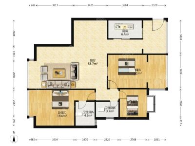 3室2廳1陽(yáng)臺(tái) 金江小區(qū)云苑