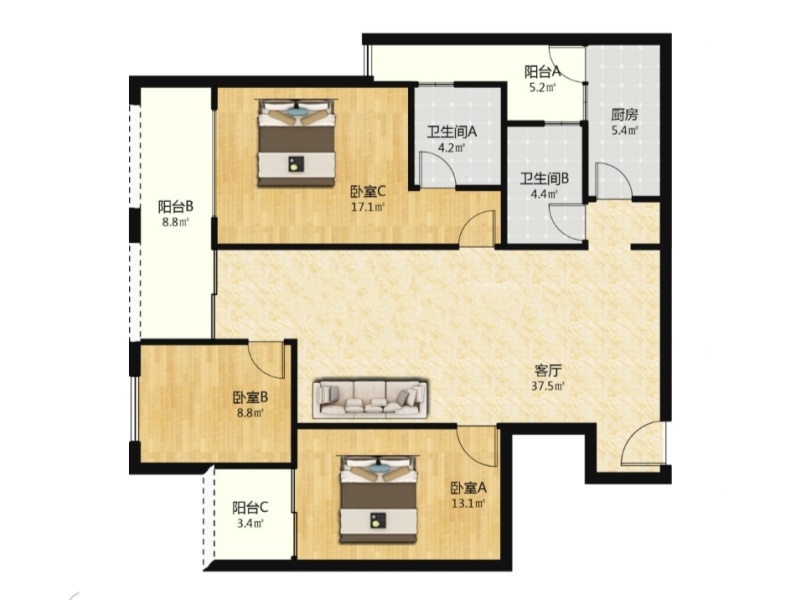 3室2廳2陽臺 俊發(fā)城牡丹苑戶型圖