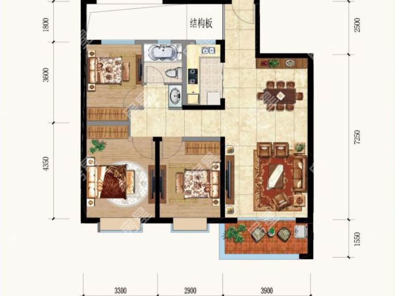 3室2廳1陽臺 金科陽光里戶型圖