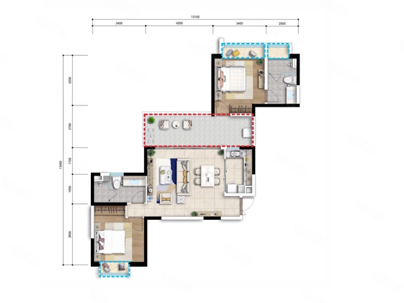 2室2廳1陽臺 萬輝星城戶型圖