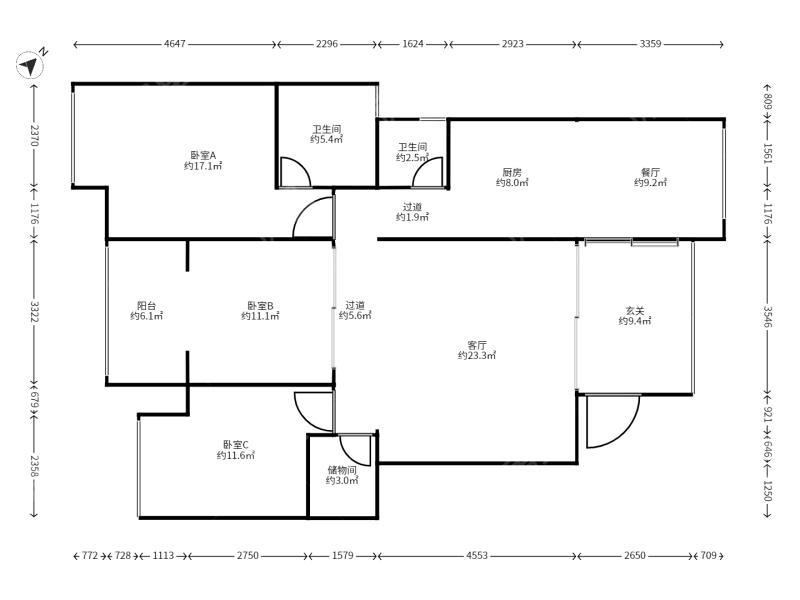 3室2廳1陽(yáng)臺(tái) 楓藍(lán)國(guó)際戶型圖