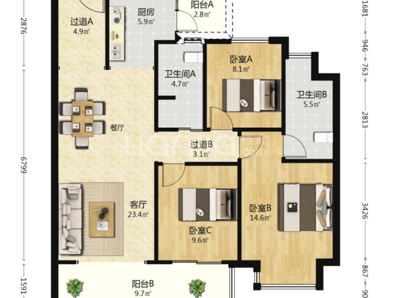 3室2廳1陽臺(tái) 龍湖天璞A1地塊戶型圖