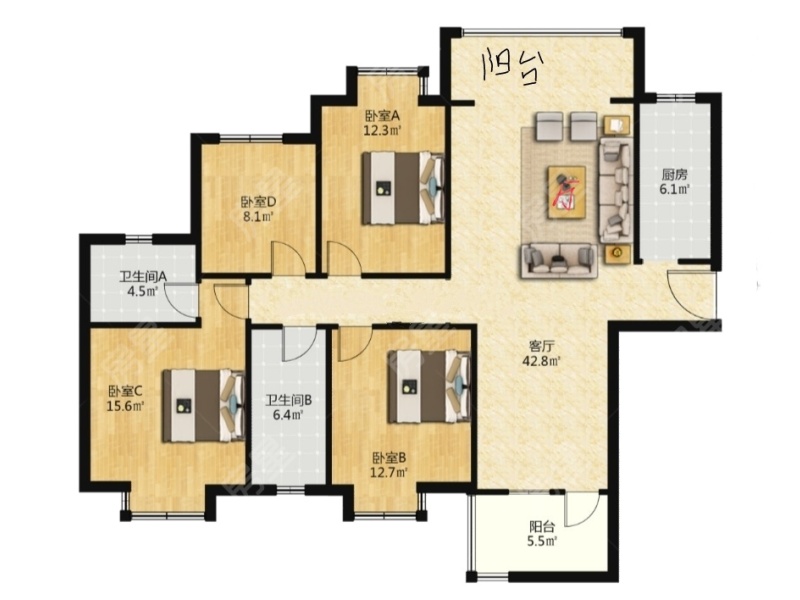 4室2廳2陽(yáng)臺(tái) 龍江雅苑戶型圖
