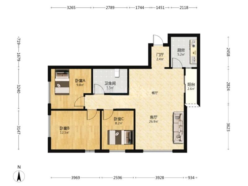 3室2廳1陽(yáng)臺(tái) 中海學(xué)府路8號(hào)戶(hù)型圖