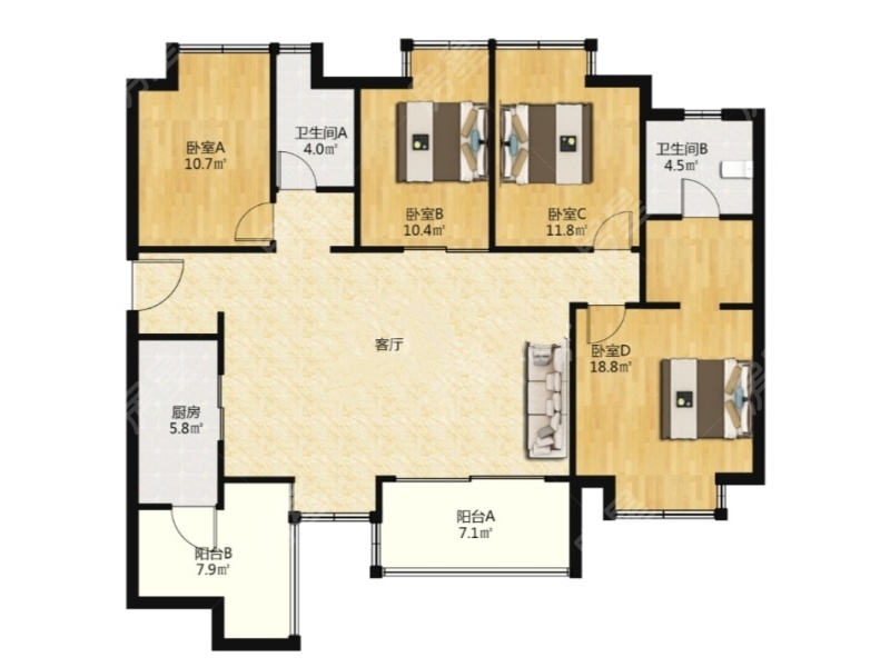 4室2廳2陽(yáng)臺(tái) 金域緹香戶型圖