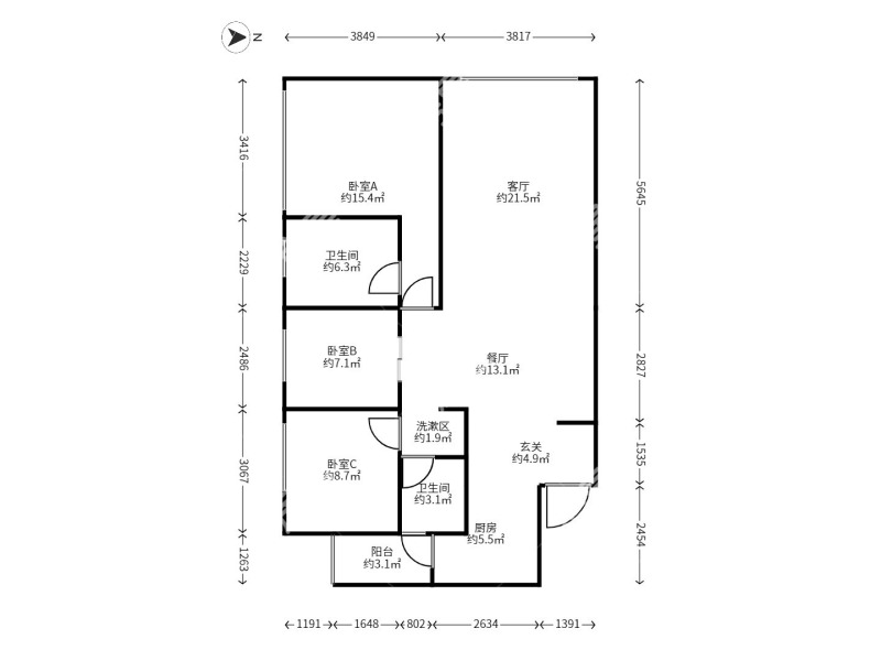 3室2廳1陽(yáng)臺(tái) 南亞未來(lái)城戶型圖