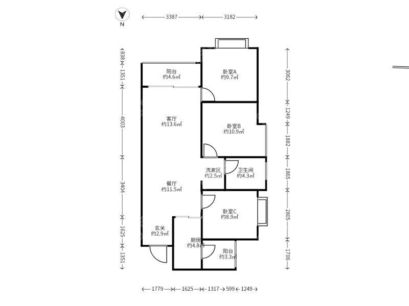 3室2廳1陽臺 金域緹香戶型圖