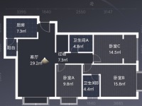 3室2廳 昆明湖中壩14號(hào)地塊臻園B區(qū)戶型圖