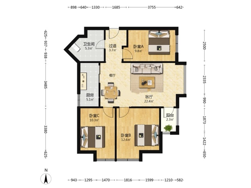 3室2廳1陽臺 金地悅天下一期戶型圖
