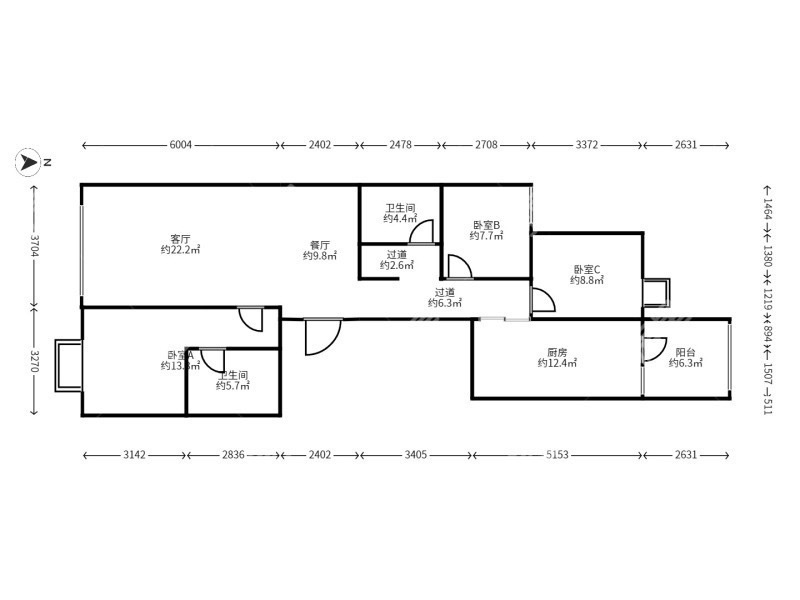 3室2廳1陽(yáng)臺(tái) 同德昆明廣場(chǎng)A區(qū)戶型圖