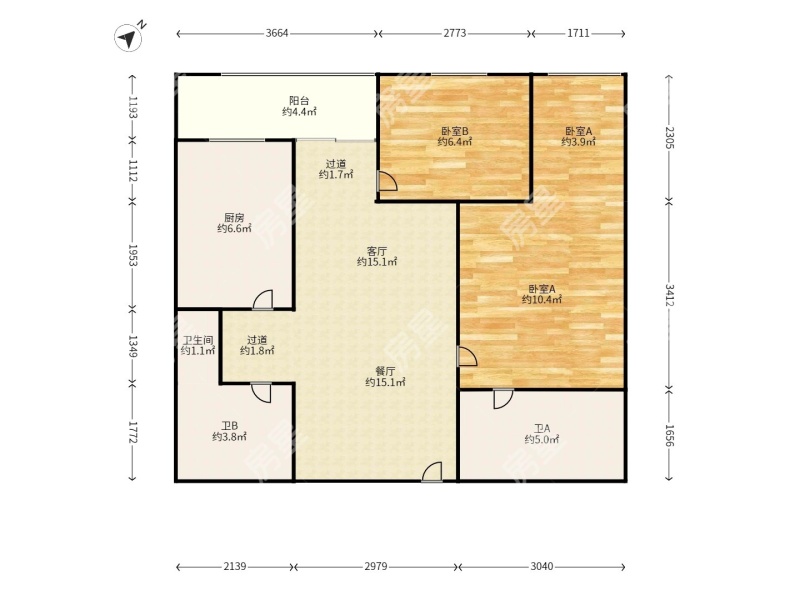 1室2廳1陽(yáng)臺(tái) 金尚俊園一期戶型圖