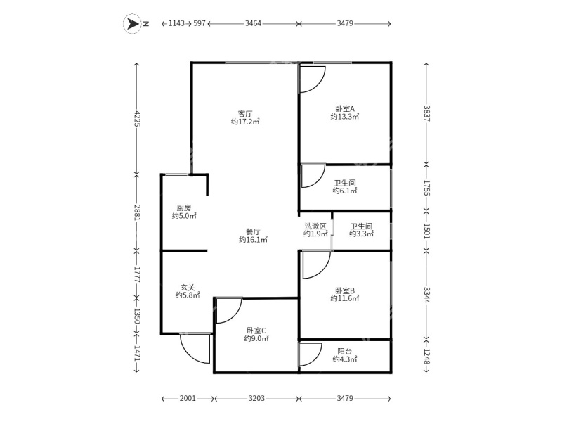 3室2廳1陽臺 江東境界戶型圖