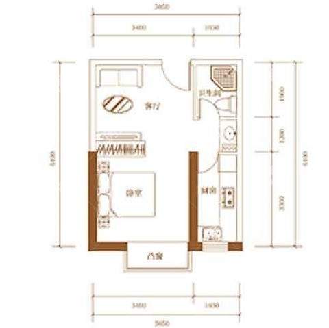 1室1廳1陽(yáng)臺(tái) 中房路易公元戶型圖