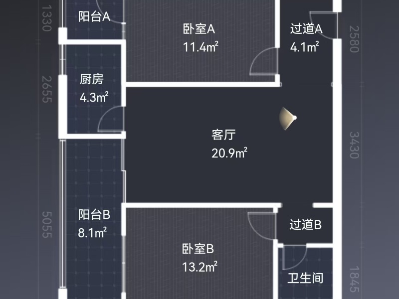 2室2廳1陽臺 潤城十一區(qū)戶型圖