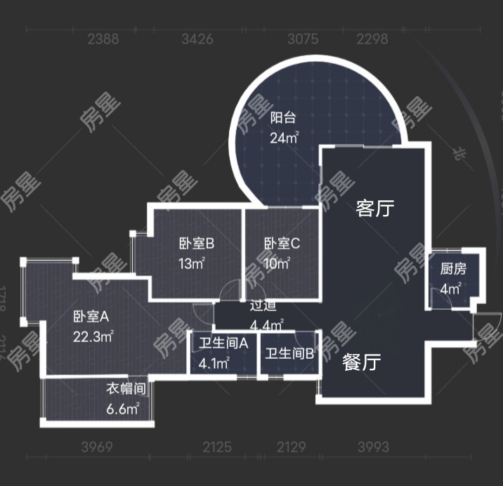 3室2廳2陽臺 滇池泊屋戶型圖