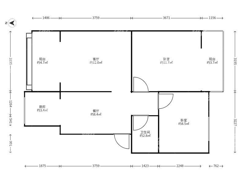 2室2廳1陽臺 豐寧小區(qū)北區(qū)戶型圖