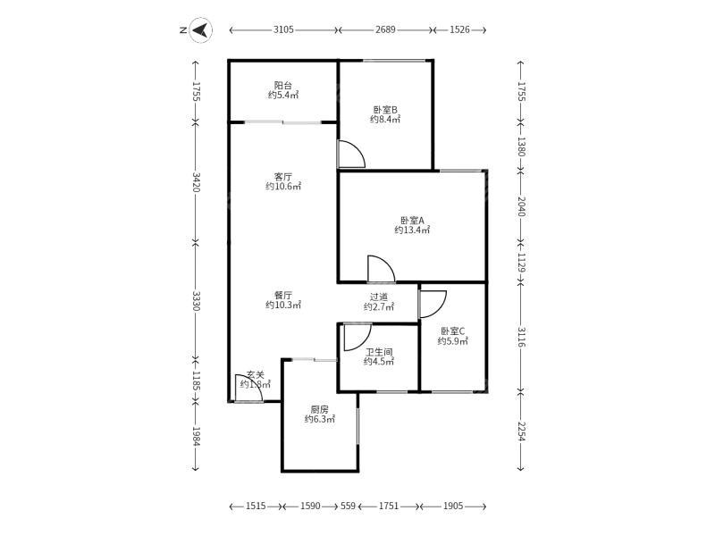 3室2廳2陽(yáng)臺(tái) 俊發(fā)龍泉俊園A2地塊戶型圖