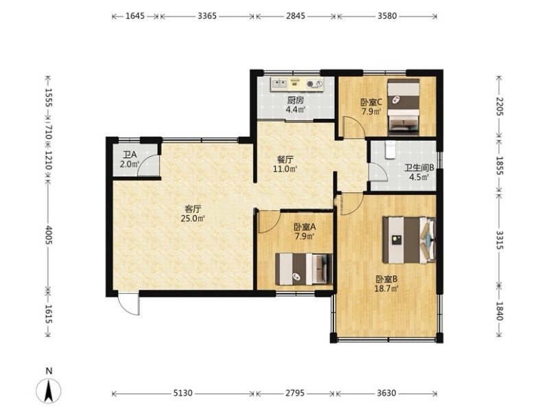3室2廳1陽(yáng)臺(tái) 金牛小區(qū)戶型圖