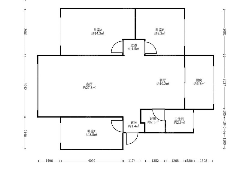 3室2廳2陽臺 月牙塘小區(qū)戶型圖