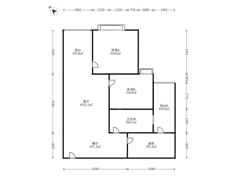2室1廳1陽臺 潤城二區(qū)戶型圖